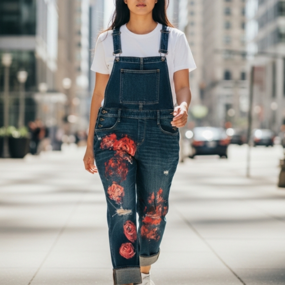 Arizona Jean Company Upcycled Denim Overalls Hand Painted with Abstract Roses